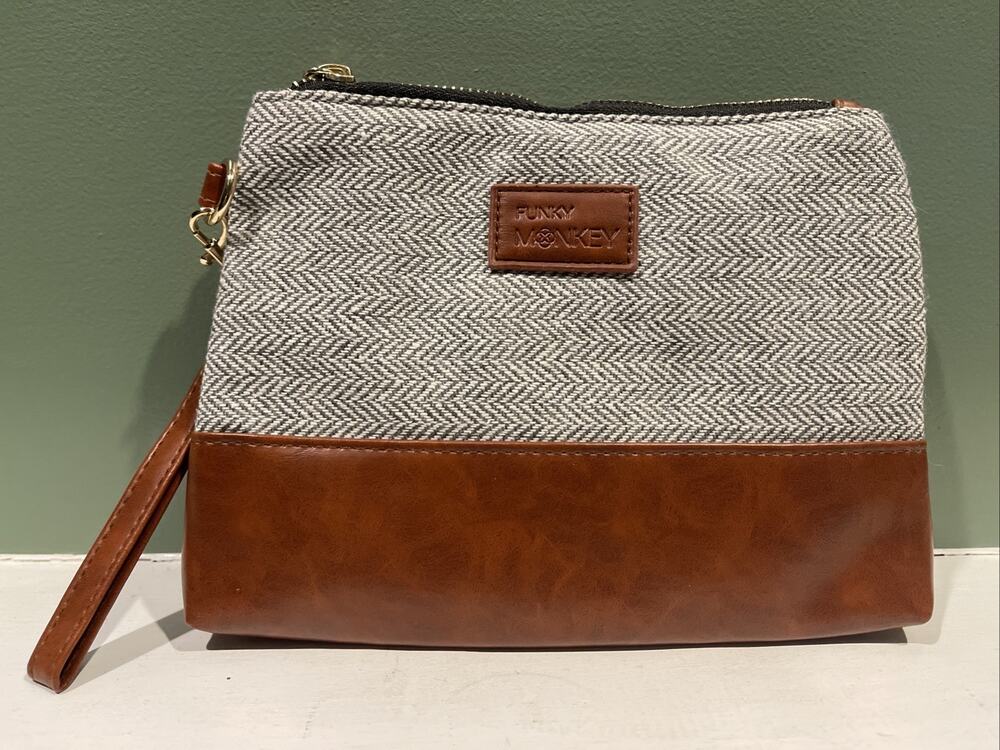 Funky Monkey Clutch Herringbone Gray & Faux Leather Purse 8.5”x6.5” Bag